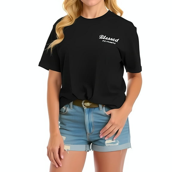 Stylish Black Cotton Short Sleeve T-Shirt with 'Blessed' Graphic Design - Casual Summer Tee for Women