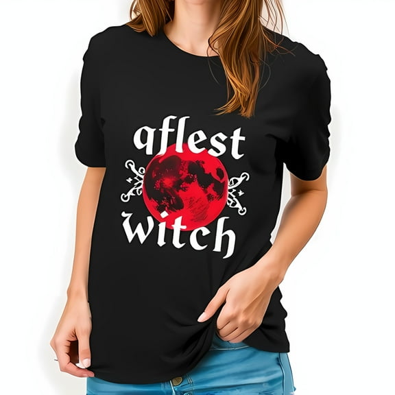 Stylish Black Cotton Short Sleeve T-Shirt with Blood-Red Moon Graphic & Gothic 'aflest Witch' Text
