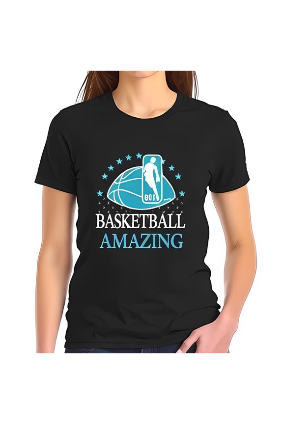 Stylish Black Cotton Short Sleeve T-Shirt with Bold 'BASKETBALL' Graphic & 'AMAZING' Text Featuring Basketball Player & Stars