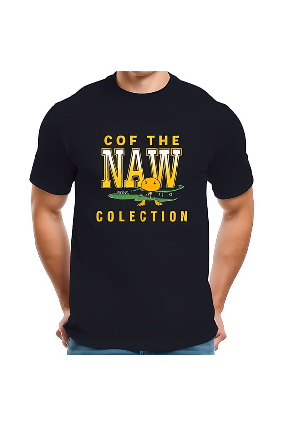 Stylish Black Cotton Short Sleeve T-Shirt with Bold 'COF THE NAW COLECTION' Text & Cheerful Cartoon Sun Design