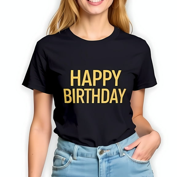 Stylish Black Cotton Short Sleeve T-Shirt with Bold 'HAPPY BIRTHDAY' Golden Text - Perfect for Celebrations