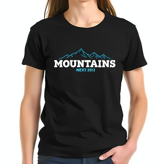 Stylish Black Cotton Short Sleeve T-Shirt with Bold 'MOUNTAINS' Text and Artistic Blue Mountain Peaks Design - Perfect for Outdoor Enthusiasts