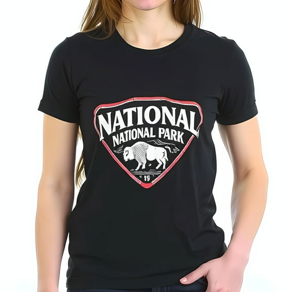 Stylish Black Cotton Short Sleeve T-Shirt with Bold 'NATIONAL PARK' Graphic & Bison Illustration
