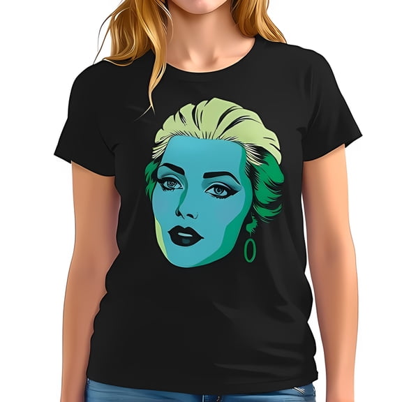 Stylish Black Cotton Short Sleeve T-Shirt with Bold Pop Art Glamorous Woman Design in Teal