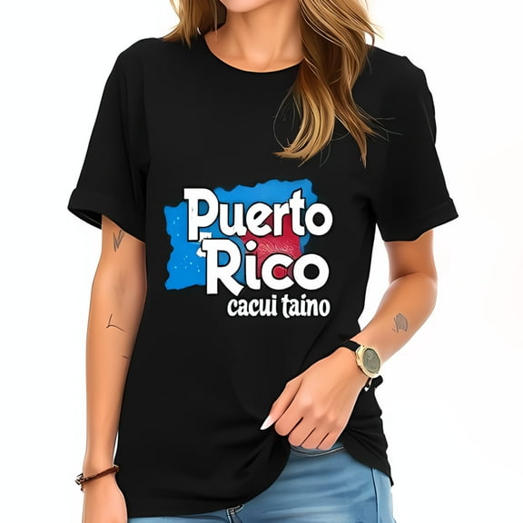 Stylish Black Cotton Short Sleeve T-Shirt with Bold 'Puerto Rico' Graphic & Map Design Featuring 'Cacui Taino' for Cultural Pride