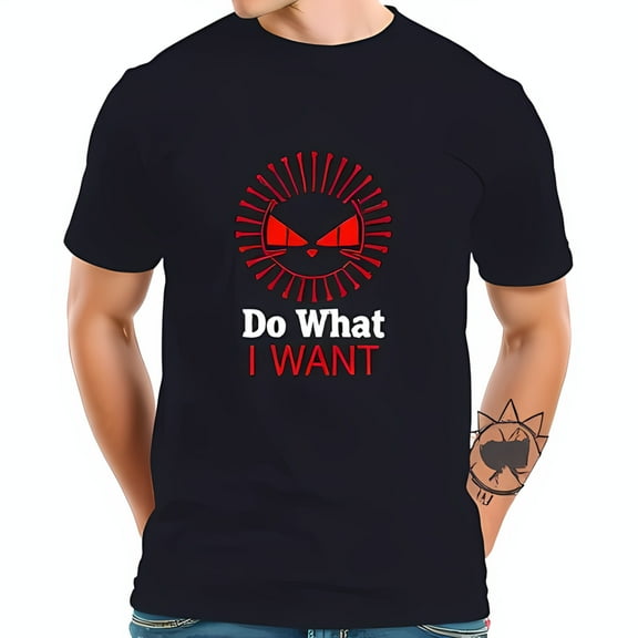 Stylish Black Cotton Short Sleeve T-Shirt with Bold Red Face Graphic & " Do What I WANT " Text