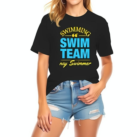 Stylish Black Cotton Short Sleeve T-Shirt with Bold " Swimming " & " Swim Team " Design in Bright Blue & Gold