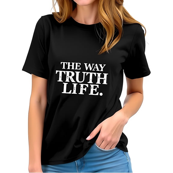 Stylish Black Cotton Short Sleeve T-Shirt with Bold 'THE WAY TRUTH LIFE' Slogan - Minimalist Design for Casual Wear