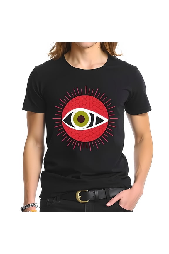 Stylish Black Cotton Short Sleeve T-Shirt with Bold Tribal Eye Graphic and Red Design