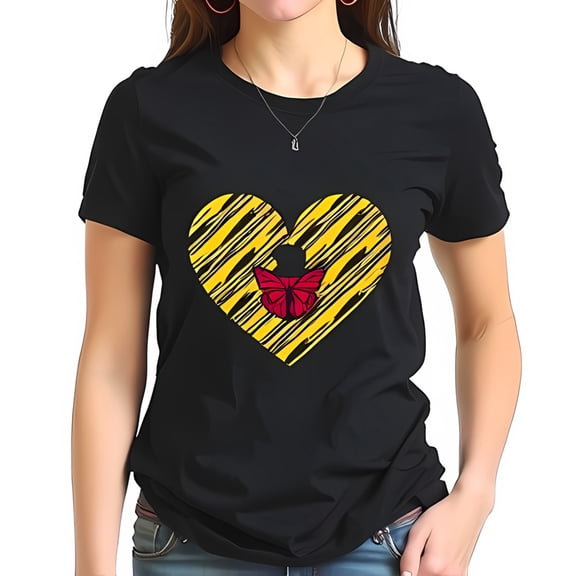 Stylish Black Cotton Short Sleeve T-Shirt with Bold Yellow Striped Heart and Vibrant Red Butterfly Design