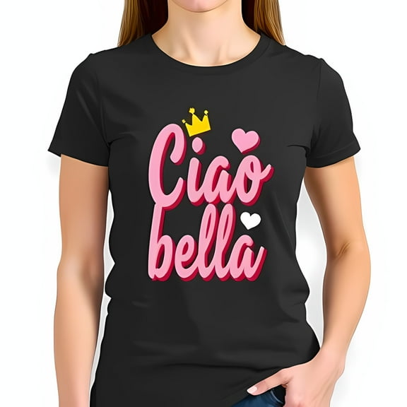 Stylish Black Cotton Short Sleeve T-Shirt with " Ciao Bella " in Pink Font Golden Crown & Hearts Design