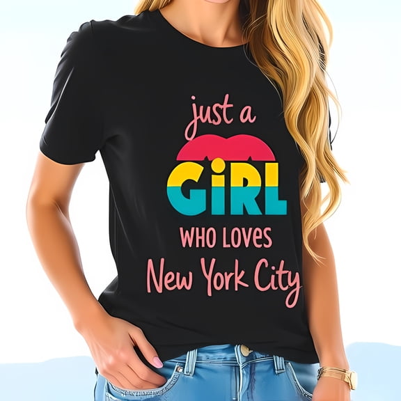 Stylish Black Cotton Short Sleeve T-Shirt with Colorful 'GIRL' Graphic & 'Just a Girl Who Loves NYC' Text - Relaxed Fit Fun & Youthful Design
