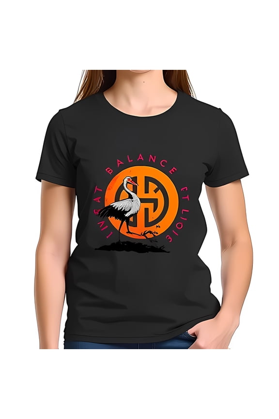 Stylish Black Cotton Short Sleeve T-Shirt with Crane Graphic and 'VIVAT BALANCE ' Text - Artistic Design for Serenity and Joy