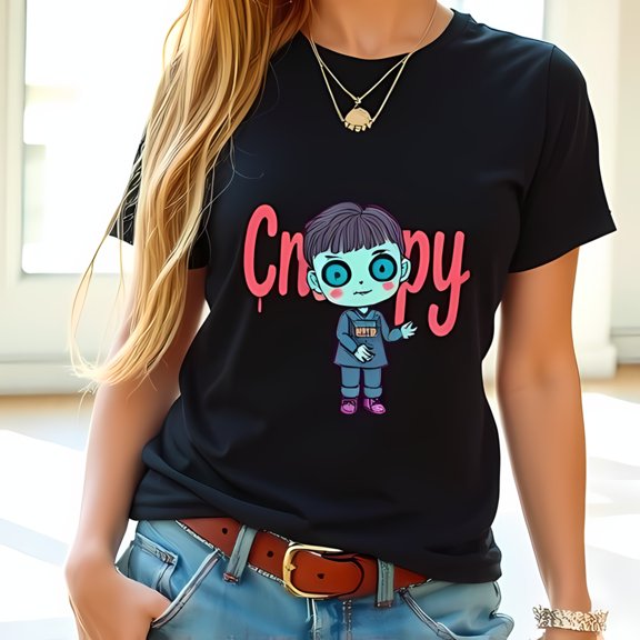 Stylish Black Cotton Short Sleeve T-Shirt with Creepy Teal-Haired Boy Illustration and Expressive Eyes