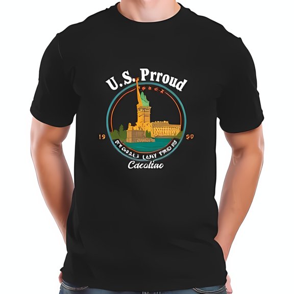 Stylish Black Cotton Short Sleeve T-Shirt with Design ' Proud' 1990 Vintage Graphic American Heritage