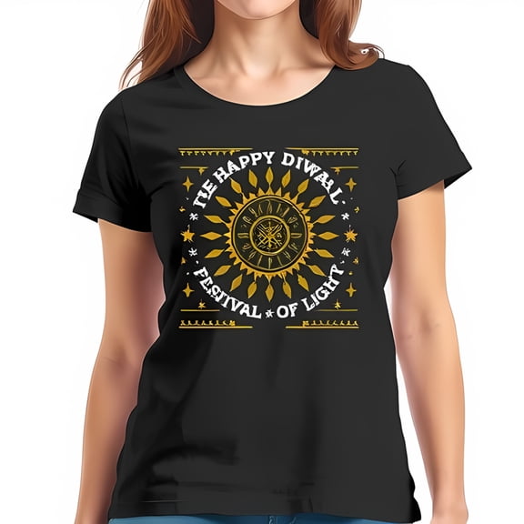 Stylish Black Cotton Short Sleeve T-Shirt with Gold Design & " The Happy Diwali Festival of Light " Text - Perfect for Celebrations