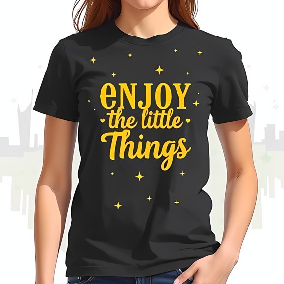 Stylish Black Cotton Short Sleeve T-Shirt with Gold " Enjoy the Little Things " Design & Star Accents
