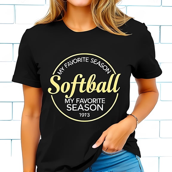 Stylish Black Cotton Short Sleeve T-Shirt with Gold 'Softball' Script & 'MY FAVORITE SEASON' Circle Design 1973