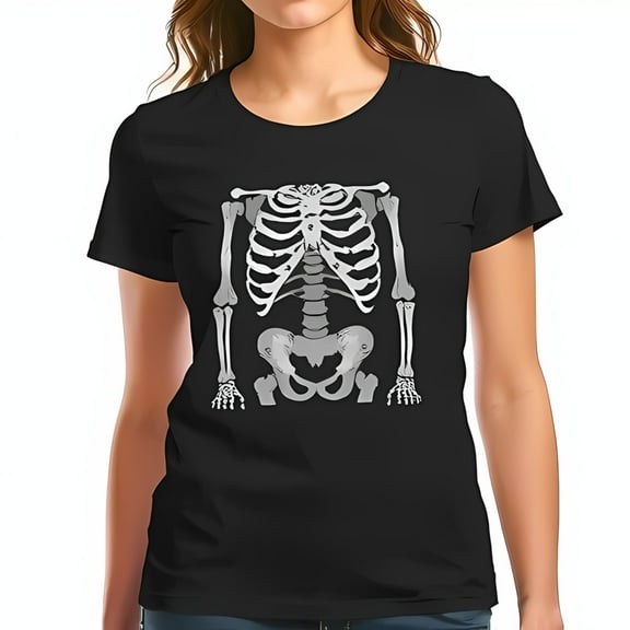 Stylish Black Cotton Short Sleeve T-Shirt with Grayscale Anatomical Skeleton Design - Perfect for Halloween and Casual Wear