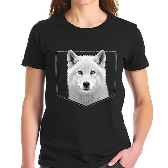 Stylish Black Cotton Short Sleeve T-Shirt with Grayscale Wolf Pocket Design - Casual Wear