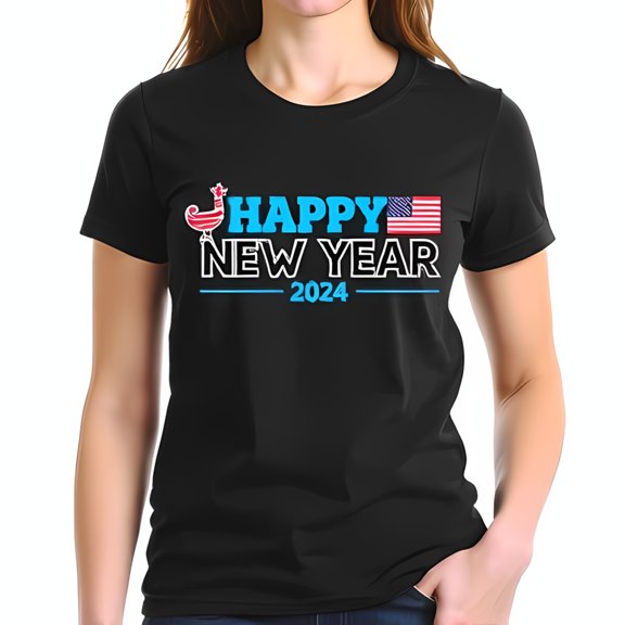 Stylish Black Cotton Short Sleeve T-Shirt with " HAPPY NEW YEAR 2024 " Graphic & Party Hat Design