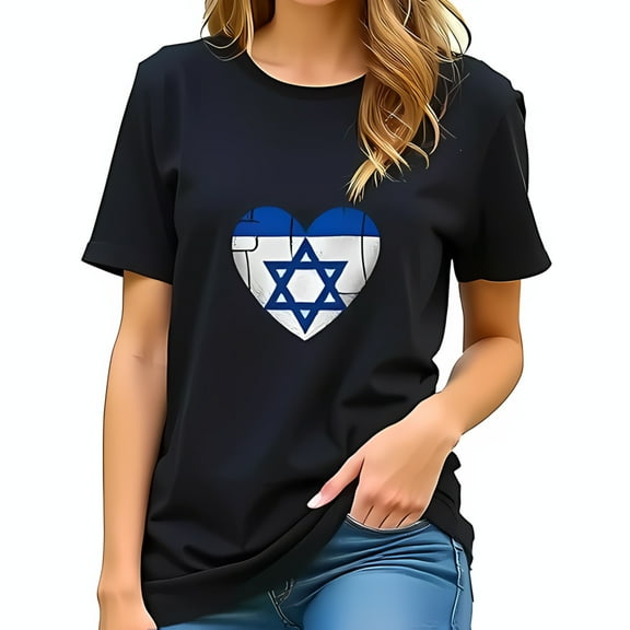 Stylish Black Cotton Short Sleeve T-Shirt with Heart Design Featuring Israeli Flag Colors Perfect for Cultural Celebrations