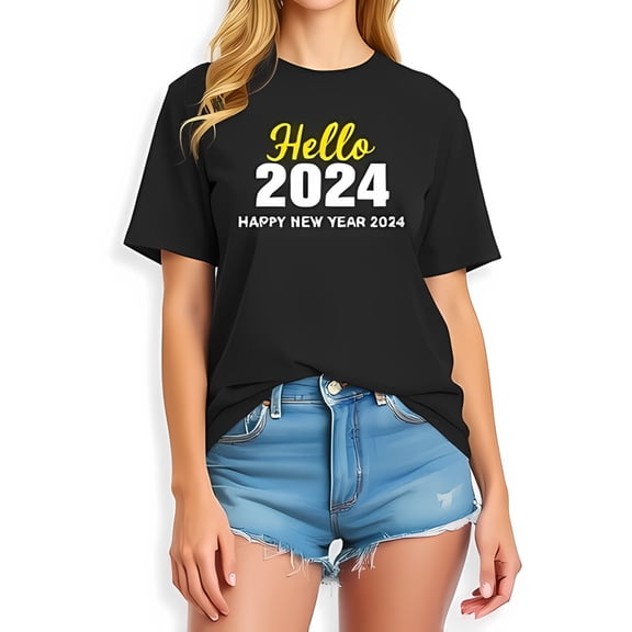 Stylish Black Cotton Short Sleeve T-Shirt with " Hello 2024 " and " HAPPY NEW YEAR 2024 " Print - Casual Festive Design for Celebrating New Year