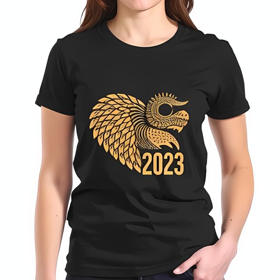 Stylish Black Cotton Short Sleeve T-Shirt with Intricate Golden Dragon Phoenix Design - 2023 Edition