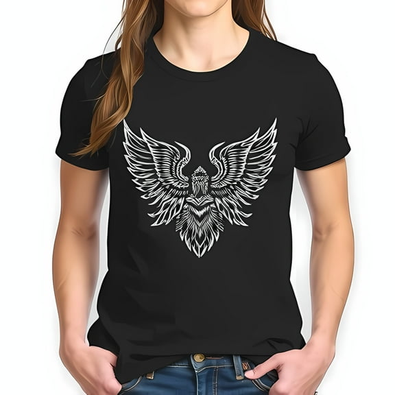 Stylish Black Cotton Short Sleeve T-Shirt with Intricate White Eagle Phoenix Graphic Design