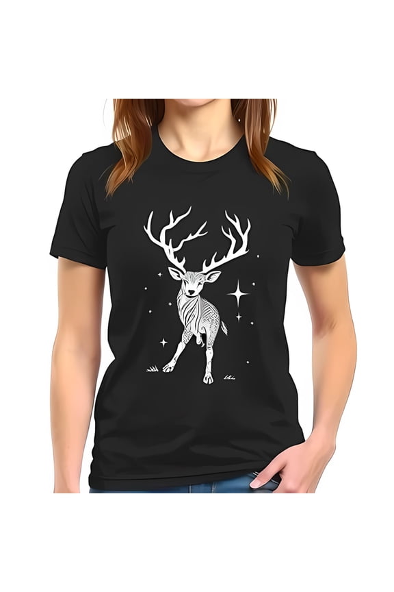 Stylish Black Cotton Short Sleeve T-Shirt with Intricate White Stag Design and Stars