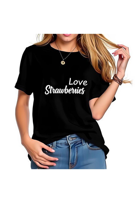 Stylish Black Cotton Short Sleeve T-Shirt with 'Love Strawberries' Cursive Design - Casual Summer Wear