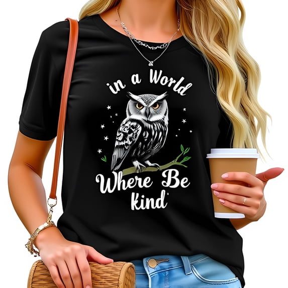Stylish Black Cotton Short Sleeve T-Shirt with Majestic Owl Illustration & " Be Kind " Phrase