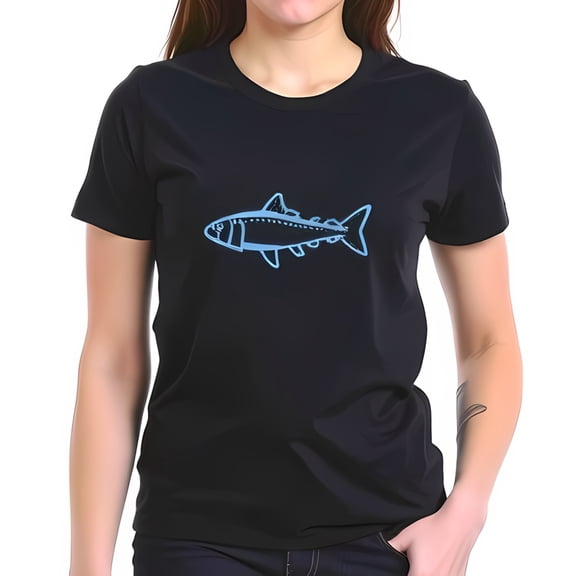 Stylish Black Cotton Short Sleeve T-Shirt with Minimalist Blue Fish Outline Design - Perfect for Beach Days and Casual Outings
