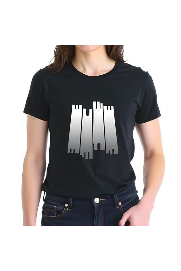 Stylish Black Cotton Short Sleeve T-Shirt with Minimalist Grayscale Castle Towers Graphic Design