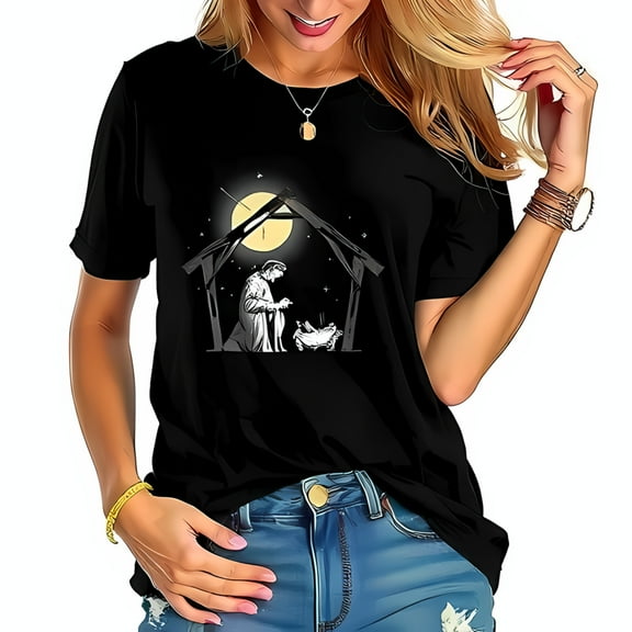 Stylish Black Cotton Short Sleeve T-Shirt with Minimalist Grayscale Nativity Scene Design - Perfect for Holiday Season