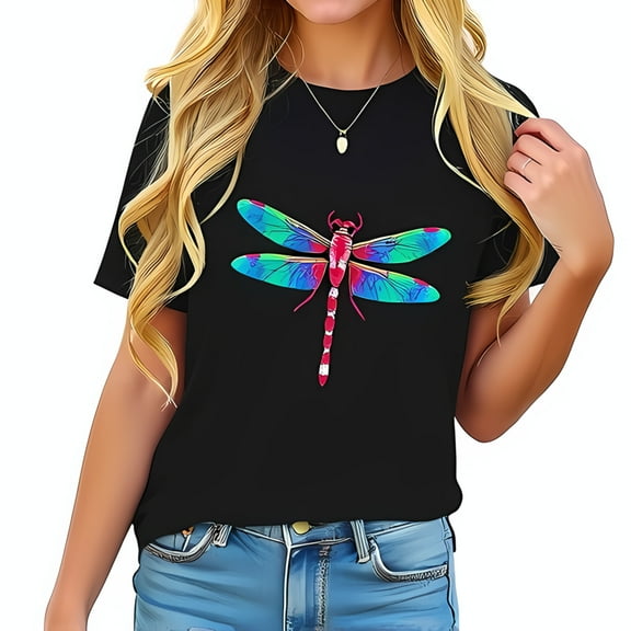 Stylish Black Cotton Short Sleeve T-Shirt with Multicolored Dragonfly Graphic - Wings Design