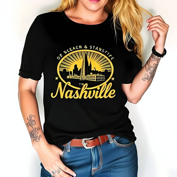 Stylish Black Cotton Short Sleeve T-Shirt with Nashville Graphic Design - Trendy Casual Wear