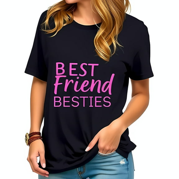 Stylish Black Cotton Short Sleeve T-Shirt with Pink " BEST Friend BESTIES " Design - Perfect for Celebrating Friendship