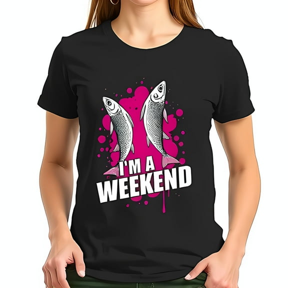 Stylish Black Cotton Short Sleeve T-Shirt with Playful Fish Graphic & 'I'M A WEEKEND' Print