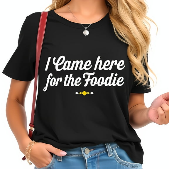 Stylish Black Cotton Short Sleeve T-Shirt with Playful 'I Came Here for the Foodie' Cursive Design and Yellow Diamond Accent