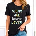 thumbnail image 1 of Stylish Black Cotton Short Sleeve T-Shirt with Playful 'Sloppy Joe Sandwich Lover' Pastel Graphic Design, 1 of 5