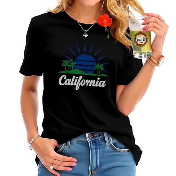 Stylish Black Cotton Short Sleeve T-Shirt with Retro California Sunset Graphic Trees & Script Font Design