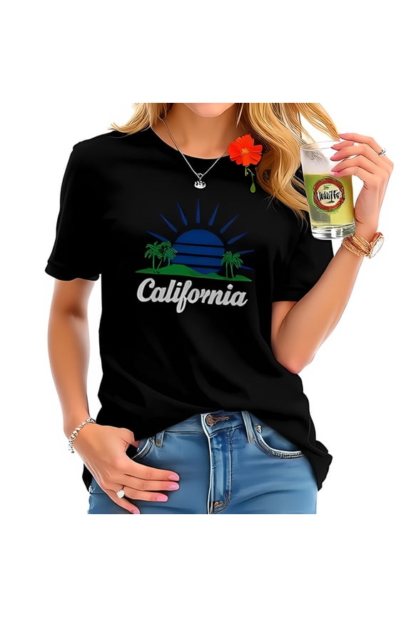 Stylish Black Cotton Short Sleeve T-Shirt with Retro California Sunset Graphic Trees & Script Font Design