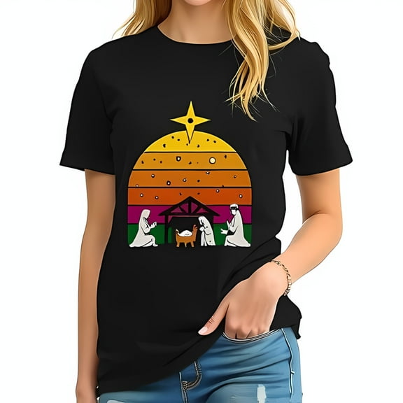 Stylish Black Cotton Short Sleeve T-Shirt with Retro Nativity Scene & Vibrant Sunset Design - Modern Holiday Wear