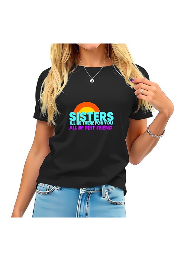 Stylish Black Cotton Short Sleeve T-Shirt with Retro Sunset Graphic & " SISTERS " Message - Perfect Gift for Best Friends