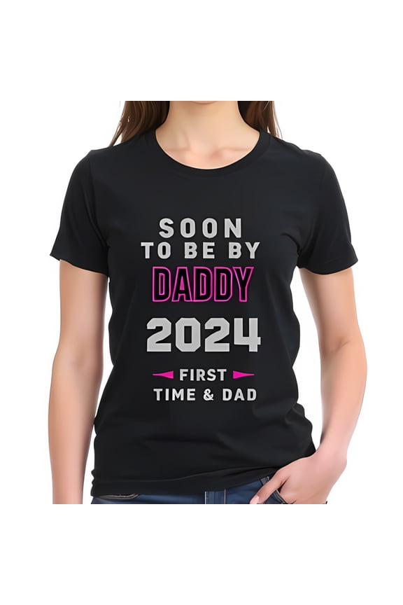 Stylish Black Cotton Short Sleeve T-Shirt with " SOON TO BE DADDY 2024 " Design Hot Pink Highlight Perfect Announcement for First-Time Dads