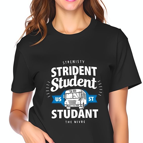 Stylish Black Cotton Short Sleeve T-Shirt with 'STRIDENT Student' Graphic School Bus Design Fun Educational Theme