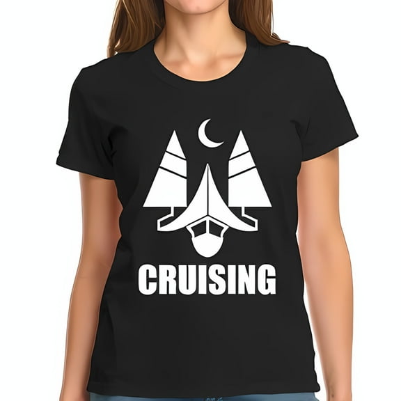 Stylish Black Cotton Short Sleeve T-Shirt with Sailboat Trees & 'CRUISING' Graphic Design
