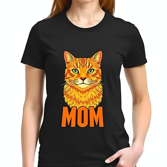 Stylish Black Cotton Short Sleeve T-Shirt with Serene Orange Tabby Cat Face & Bold 'MOM' Design