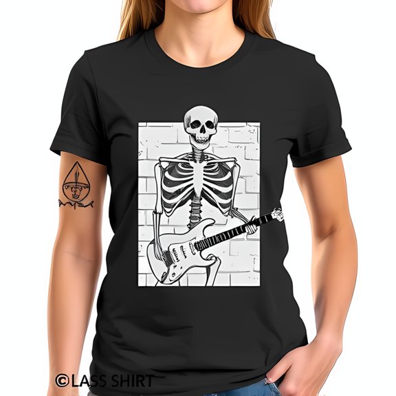 Stylish Black Cotton Short Sleeve T-Shirt with Skeleton Playing Electric Guitar Design - Perfect for Music Lovers and Halloween Enthusiasts